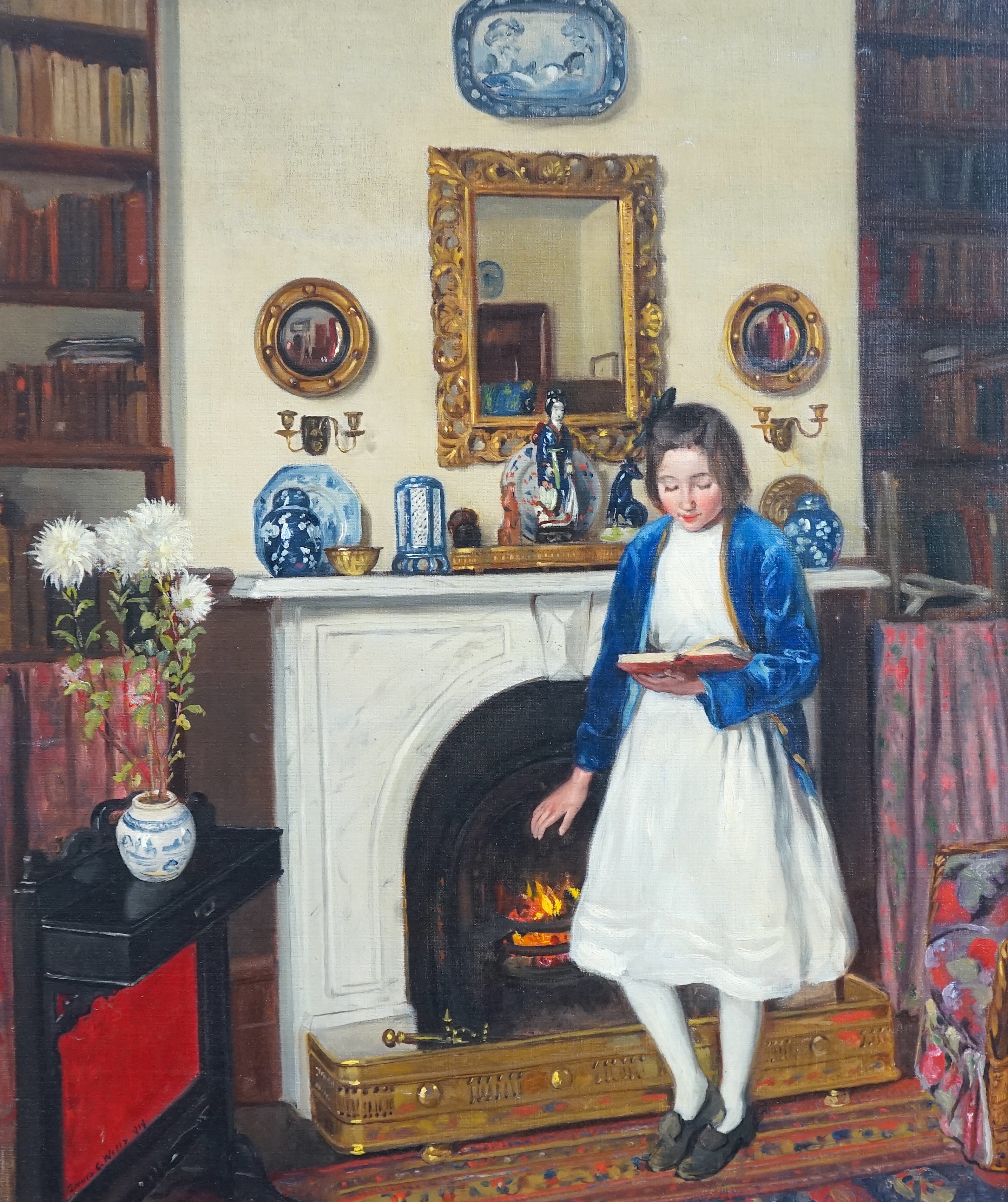 Denys George Wells V.P.R.B.A. B.E.M. (British, 1881-1973), Portrait of the artist's daughter, standing before a hearth, reading a book, oil on canvas, 60 x 50cm